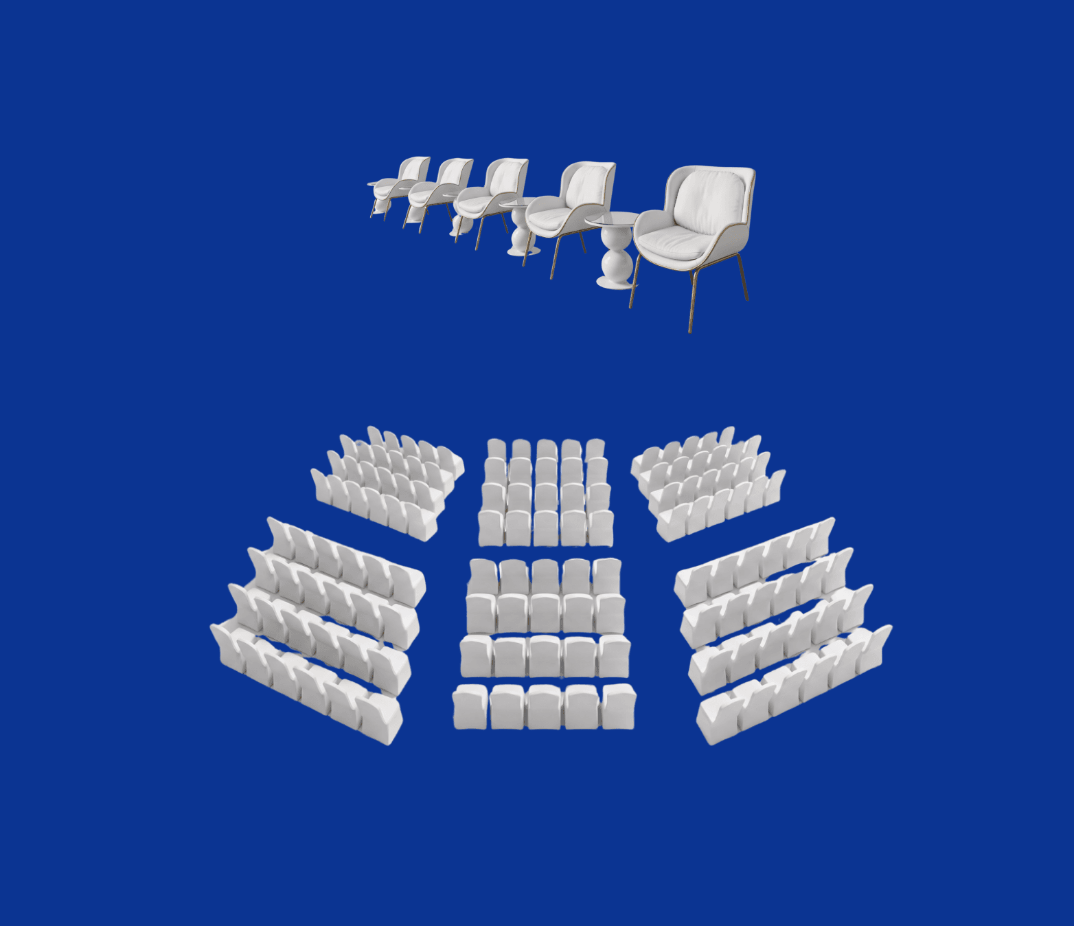 3D renders of the conference seating layout on a blue background