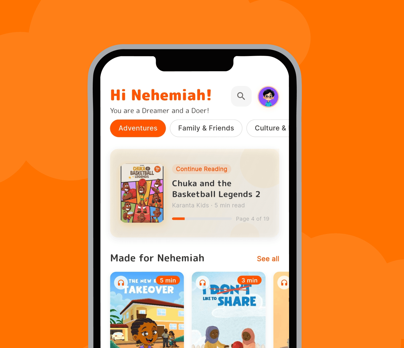 Karanta Kids app screen on a phone