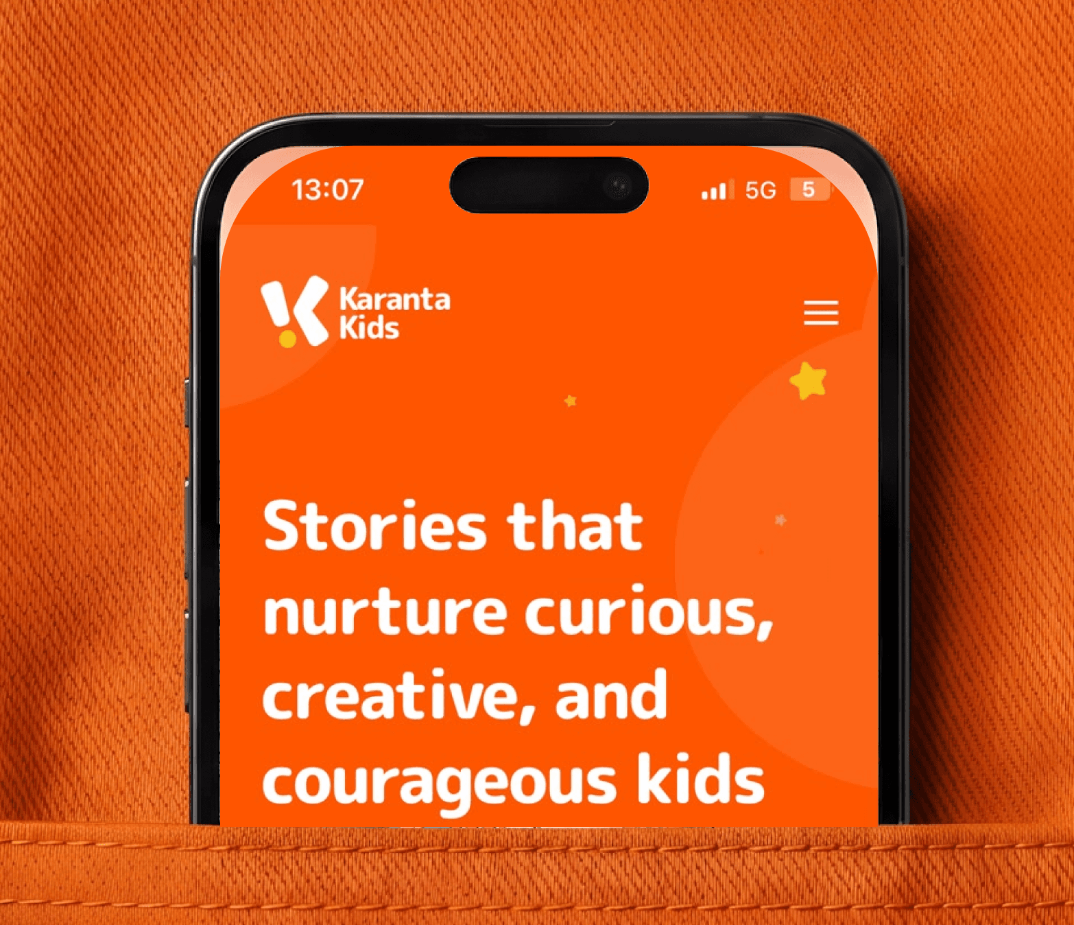 Karanta Kids mobile app screens on an orange background