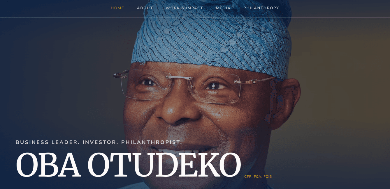 Oba Otudeko website hero on a desktop screen