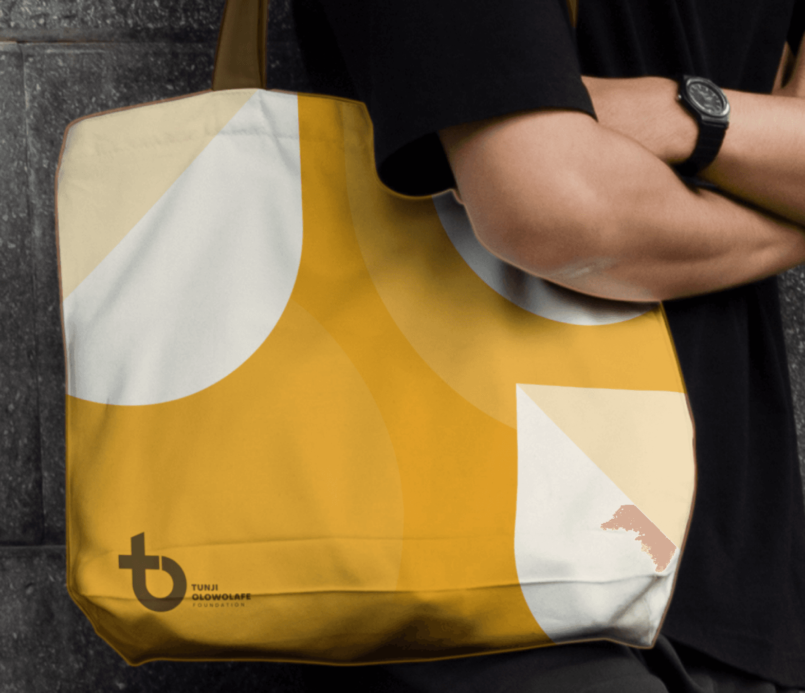 Tunji Olowolafe Foundation yellow tote bag with geometric pattern